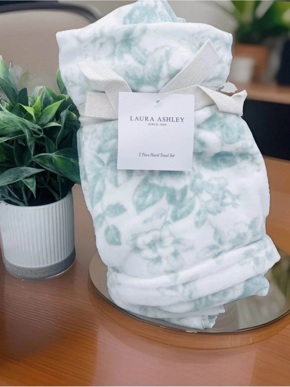 2 Laura Ashley Pale Green & White Floral Toile Velour Cotton HAND Towels NWT